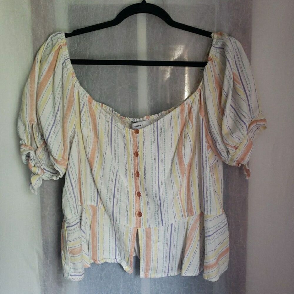 Forever 21+ White & Multi Color Striped Off The Shoulder Cropped Top Plus Sz 3X